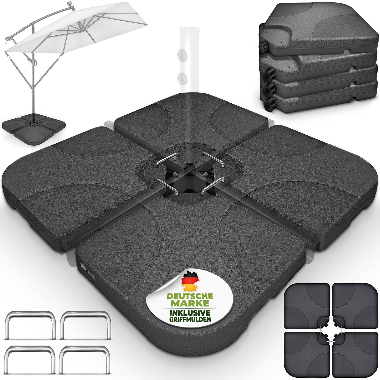 Tillvex® Supporti per Ombrelloni da Sole 60 Litri / 80 Kg - 4 Parti per Ombrellone con Semaforo Incluse Connettori in Metallo | Peso Ombrellone Riempibile con Acqua o Sabbia | Supporto per Ombrellone Resistente alle Intemperie per Balcone Esterno, Terrazz
