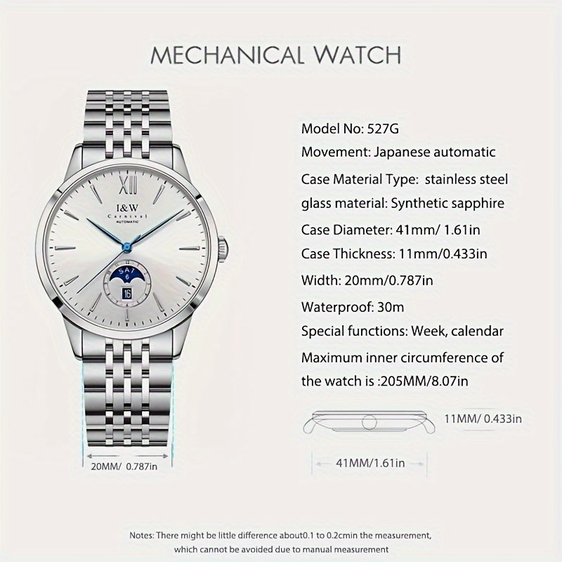 I&W Carnival High-End Brand Orologio Meccanico da Uomo in Acciaio Inossidabile con Mirino in Sapphire, Orologio Sportivo alla Moda da Uomo, Regali per le Vacanze, Senza Batteria