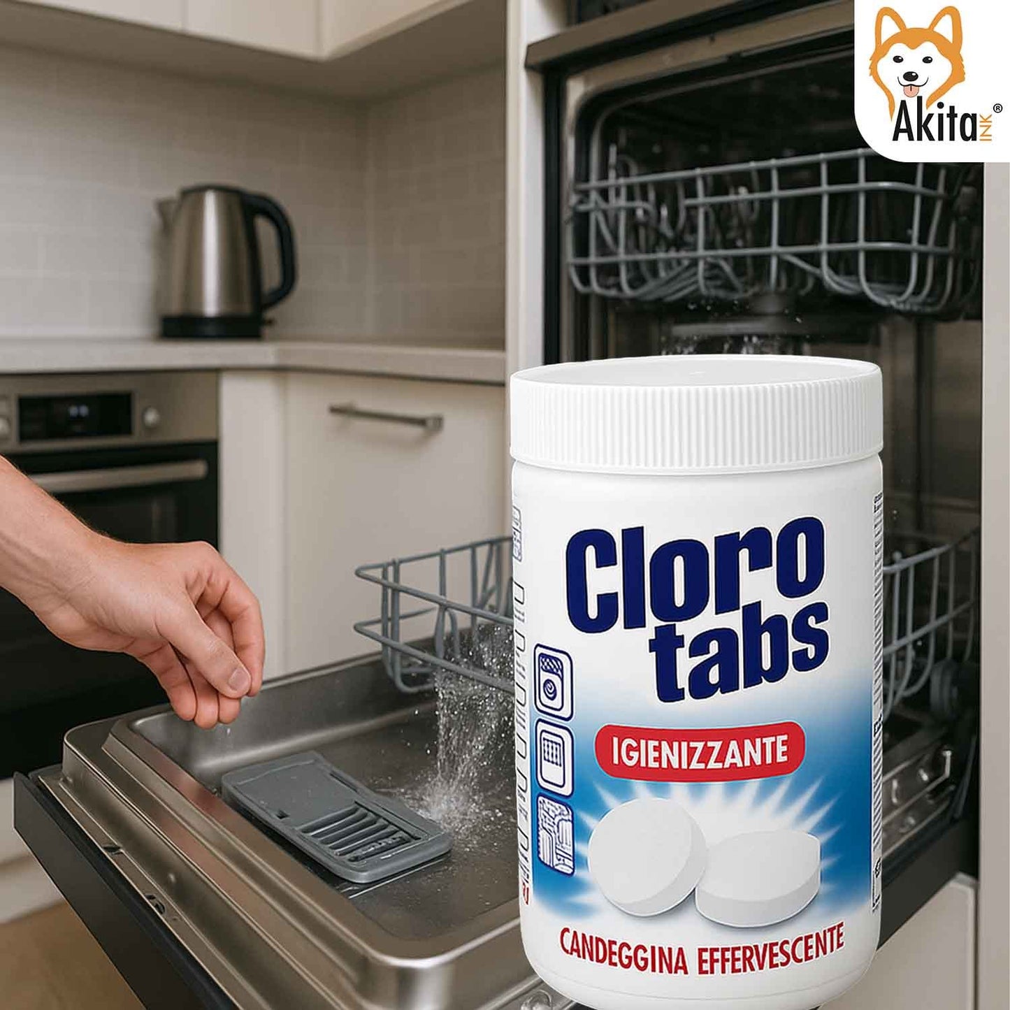 Akitaink Cloro Tabs 1kg – Pastiglie Multiuso di Candeggina Effervescente al Cloro Attivo, Igienizzanti, Sbiancanti e Deodoranti per Pulizia Casa, WC, Lavatrice e Superfici