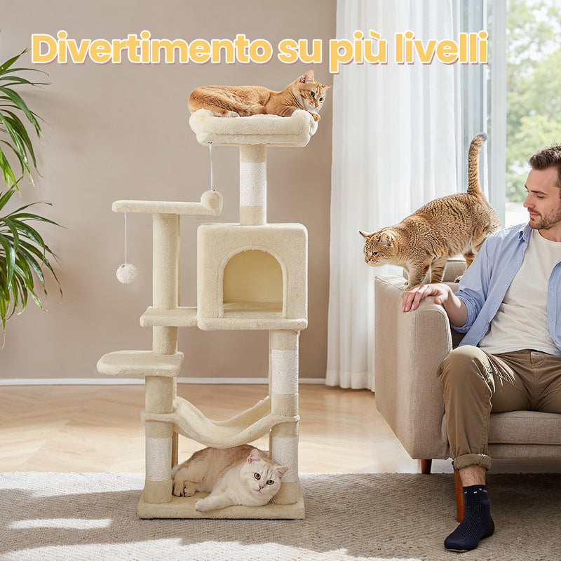 Albero per Gatti 112 cmdi Peluche, 4 Pali Tiragraffi, 2 Pompon, 1 Amaca, 2 Piattaforme, 1 Nicchia