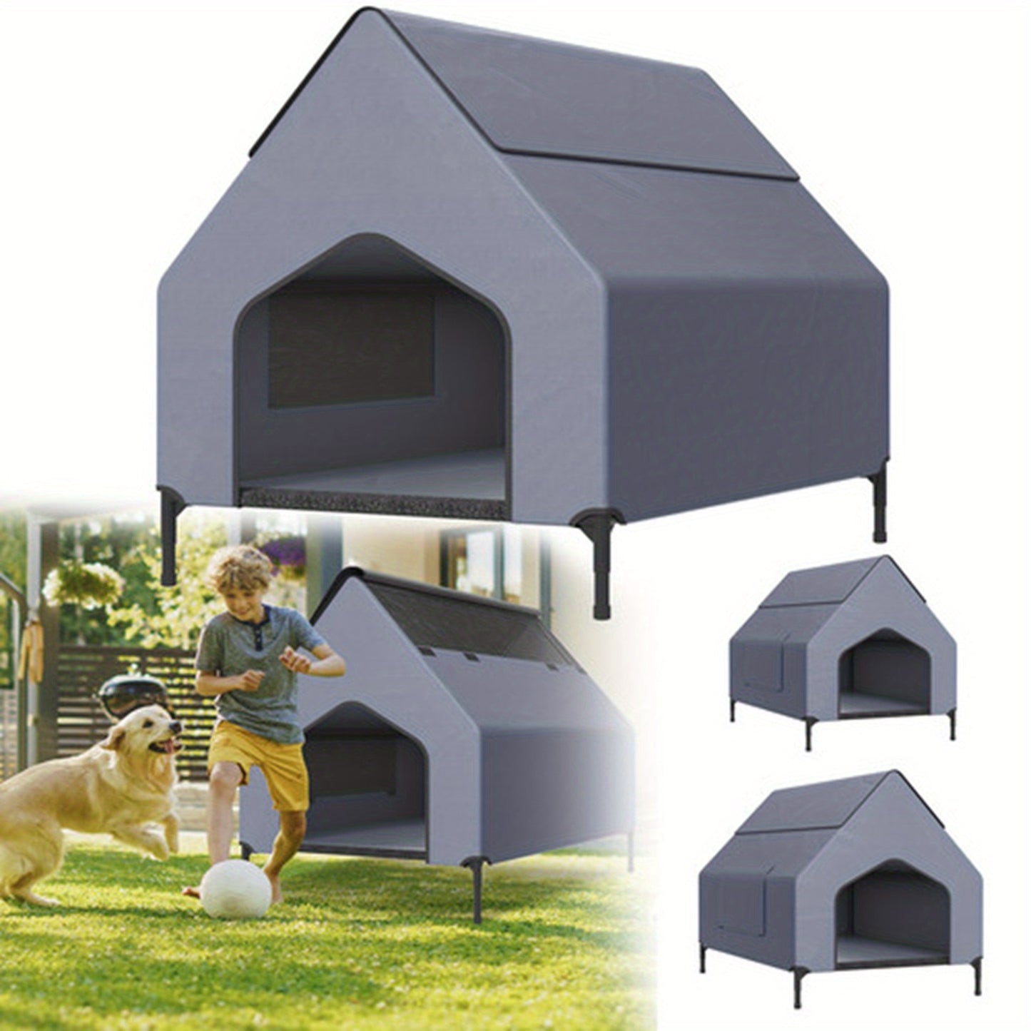 Casina per Cani Grigia con Porta e Finestra, Adatta per Uso Interno/Esterno