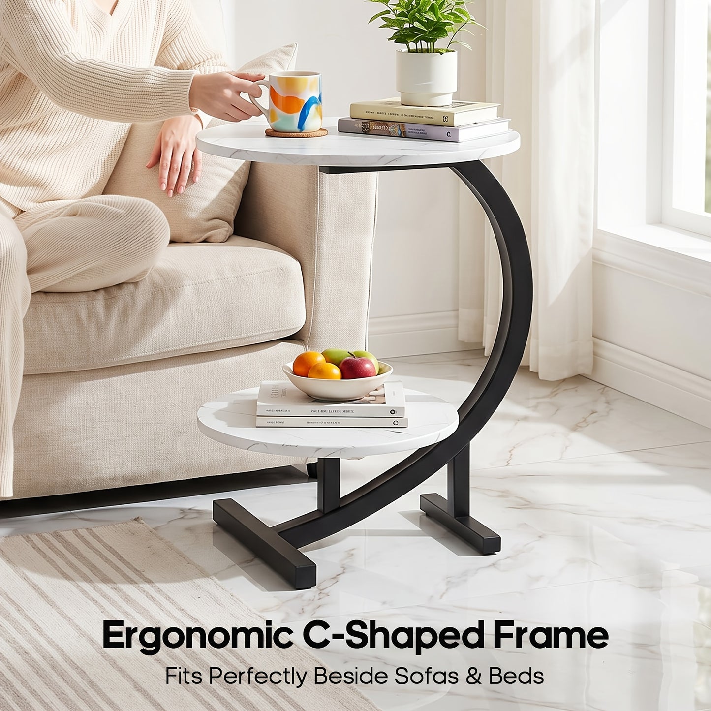1 Tavolino Laterale a Forma di C, Tavolino Mobile, Tavolino per Laptop, Tavolino per Divano, Design Minimalista Moderno con Motivo Marmo Bianco, Adatto per Divani in Stile Moderno/Industriale, Design Salvaspazio per Piccoli Appartamenti, Ideale per Soggio