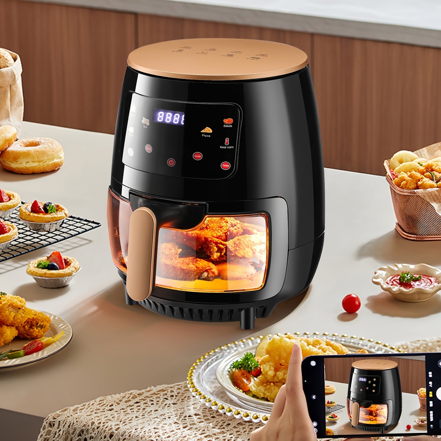 Friggitrice ad aria 6L con finestra trasparente, nuova grande capacità, touch screen, multifunzione, mini forno, controlli touch con 6 preimpostazioni, cestello antiaderente e lavabile in lavastoviglie, - Nero, pollo, patatine, arrosticini, arrosti, disid
