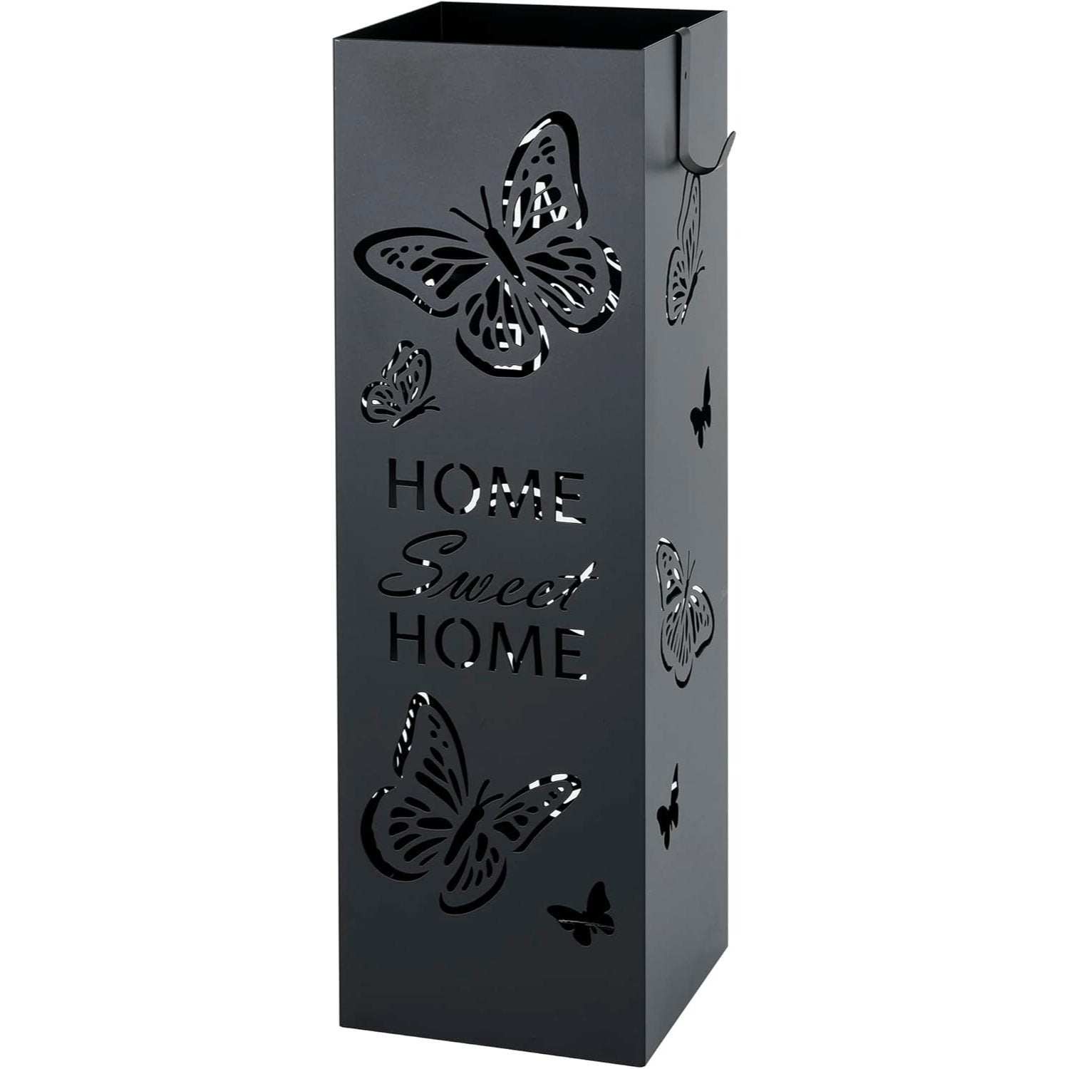 Baroni Home Portaombrelli Quadrato in Metallo Bianco | Nero | Tortora 15,5x15,5x49 cm con Intagli Scritta Home Sweet Home e Farfalle, Porta Ombrelli con Gancini e Vaschetta Raccogli Gocce Removibile in Plastica, Supporto per Ombrelli da Esterno e da Inter