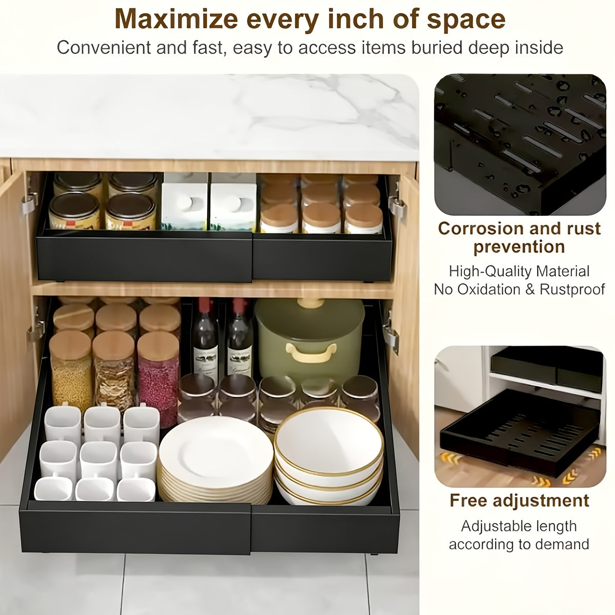 1 Confezione di organizer per mobili a scorrimento Heavy Duty - Larghezza espandibile da 32.0cm a 52.32cm, profondità 43,18cm, doppia montatura adesiva/trapano, contenitore multiuso per cucina, bagno, cassetti da garage, mobili da cucina
