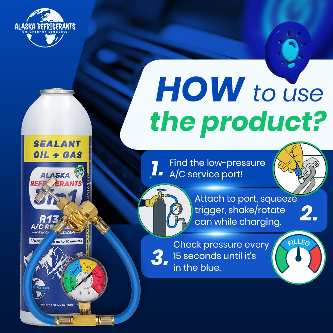 Kit Refrigeranti Combinati Alaska – Refrigerante di Ricambio 3in1 R134a con Olio PAG 100 e Sigillante + Refrigerante di Ricambio R134a + Tubo e Manometro