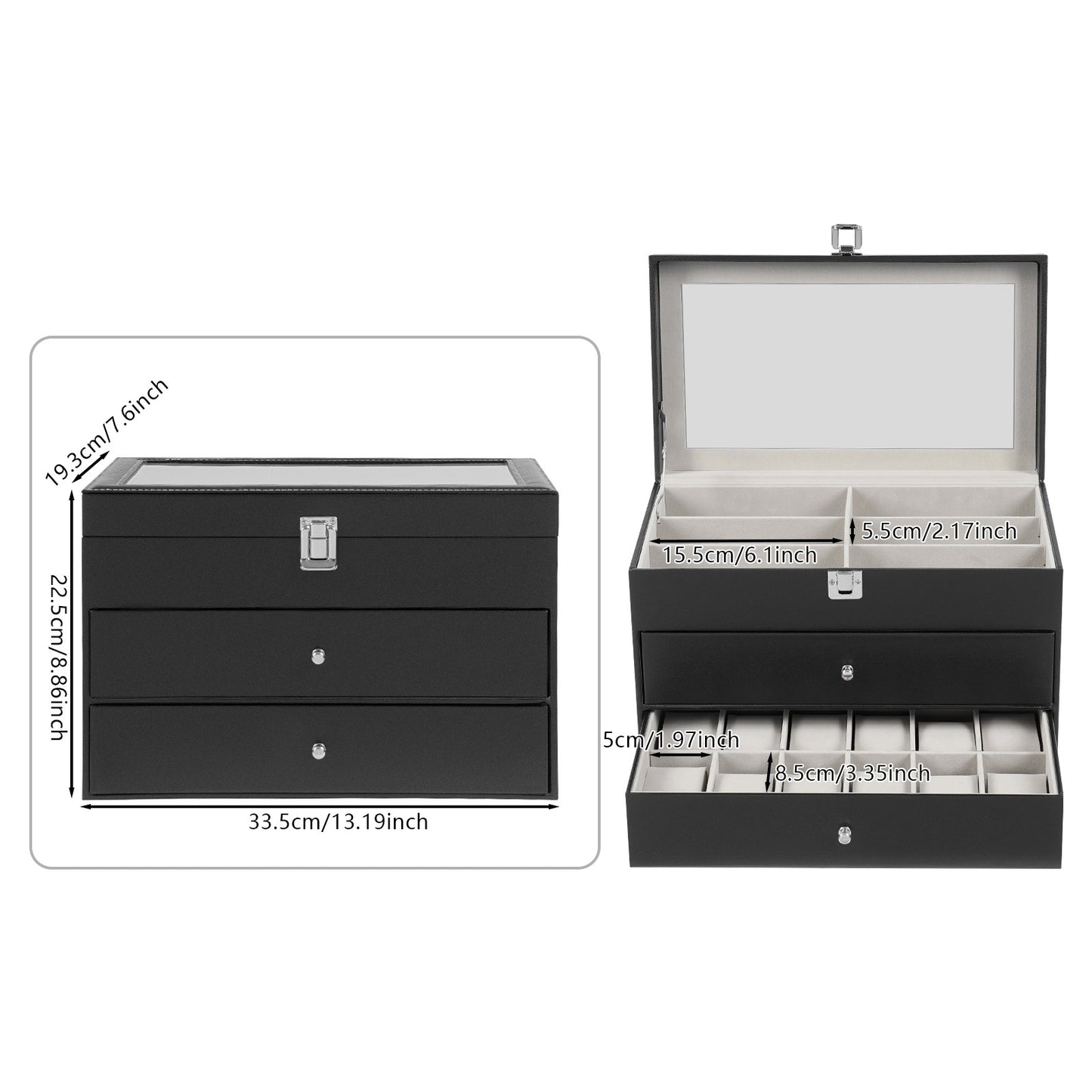 Scatola portaocchiali e orologi a 3 strati con 24 scomparti, custodia organizzatrice per occhiali da vista alla moda per donna e uomo - Portaocchiali portaoggetti multiplo con cassetto, coperchio in vetro e passante per esterni
