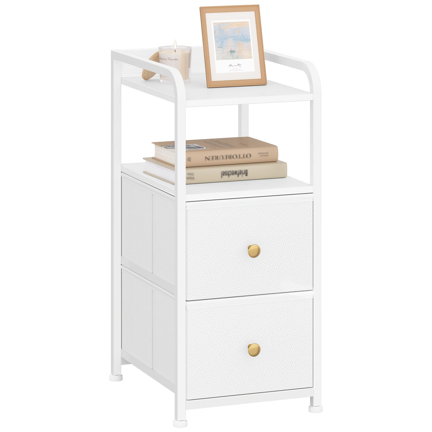 Comodino (set da 1 o 2), Organizzazione e stoccaggio per camera da letto, Tavolino laterale stretto con 2 cassetti in tessuto, Comodino stretto con scomparti aperti, Salvaspazio, Comodino per camera da letto o soggiorno, 35 X 27 X 60 cm, Bianco