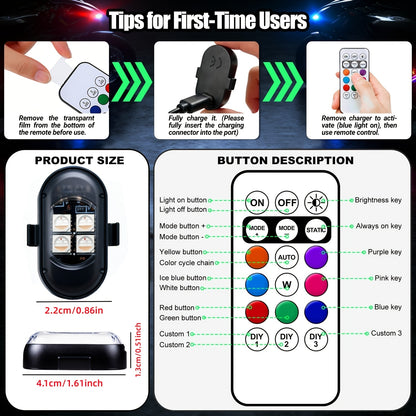 Luci d'atmosfera RGB per auto con telecomando wireless, batteria più grande e LED più luminosi, ricarica rapida Type-C, multimodalità per interni auto