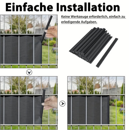 72 pezzi di strisce oscuranti in PVC con guide di fissaggio, progettate per essere utilizzate come schermatura antivento o oscurante per giardini e recinzioni, inclusi clip di fissaggio per recinzioni a doppio filo in colore antracite