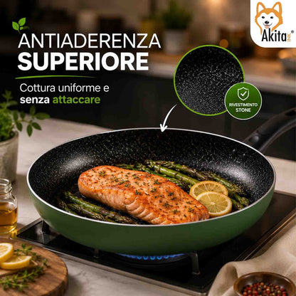 Akitaink Set 3 Padelle Antiaderenti Natura 20-24-28 cm Verde, Padelle in Alluminio con Rivestimento Antiaderente, Cottura Uniforme e Facile Pulizia