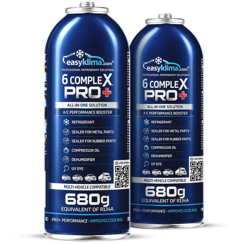 Kit 2x EasyKlima 6 Complex PRO+ R134a 6 in 1, due preparati per aria condizionata automobilistica, bombola da 680 g, agente di ricarica per impianti, sigillante per gomma e metallo, olio per compressore, essiccante per riduzione umidità, colorante UV per