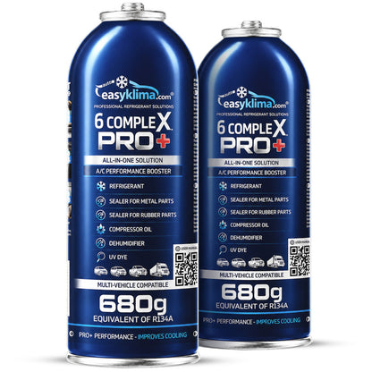 Kit 2x EasyKlima 6 Complex PRO+ R134a 6 in 1, due preparati per aria condizionata automobilistica, bombola da 680 g, agente di ricarica per impianti, sigillante per gomma e metallo, olio per compressore, essiccante per riduzione umidità, colorante UV per