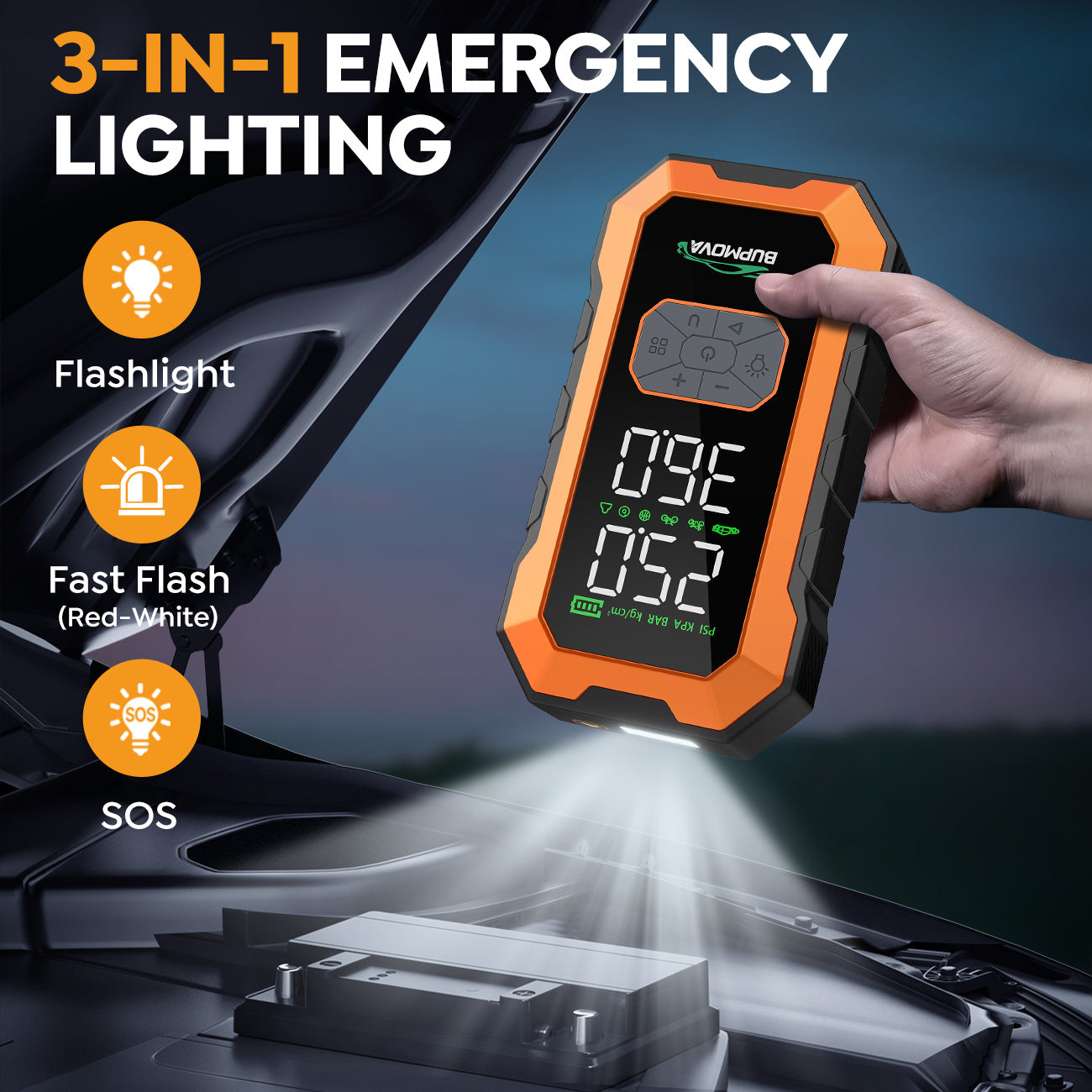 Avviatore di emergenza per auto 12000A con compressore d'aria, pompa di gonfiaggio per pneumatici senza fili, booster per batteria con power bank e torce LED, scatola di avviamento automatico 12V per tutti i veicoli a benzina o diesel da 10.0L, doppio dis