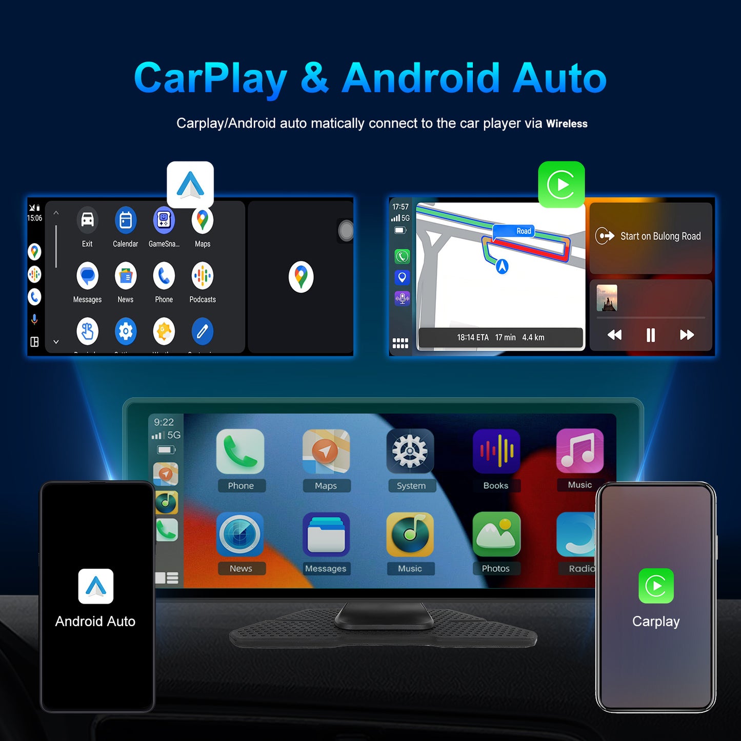 PODOFO Schermo Wireless da 10,26 Pollici per Autoradio con Carplay Android Auto con Vivavoce BT/ Touchscreen HD/ Airplayer/ Android Mirror Link/ GPS/ Si-ri/ Telecamera Posteriore/ FM/ AUX/ Porta Scheda TF/ Base Monitor, Un Regalo Perfetto per Papà