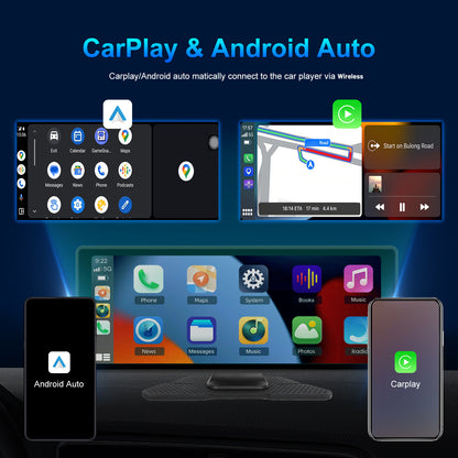 PODOFO Schermo Wireless da 10,26 Pollici per Autoradio con Carplay Android Auto con Vivavoce BT/ Touchscreen HD/ Airplayer/ Android Mirror Link/ GPS/ Si-ri/ Telecamera Posteriore/ FM/ AUX/ Porta Scheda TF/ Base Monitor, Un Regalo Perfetto per Papà