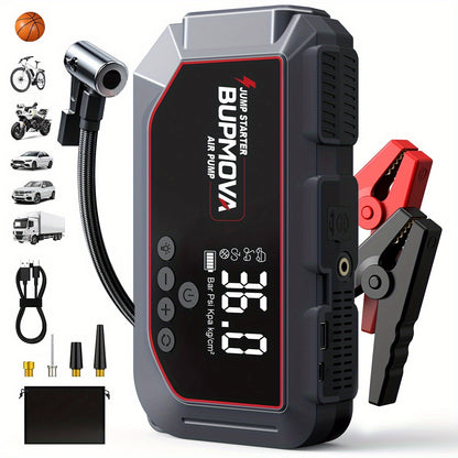 BUPMOVA 10000A Avviatore Portatile per Auto con Compressore d'Aria, Torcia, Power Bank di Grande Capacità, Ampio Display, Luci LED, Caricatore Booster Batteria 12V per Tutti i Motori a Benzina e Diesel - Avvio Rapido Batteria Scarica, Dispositivo di Assis