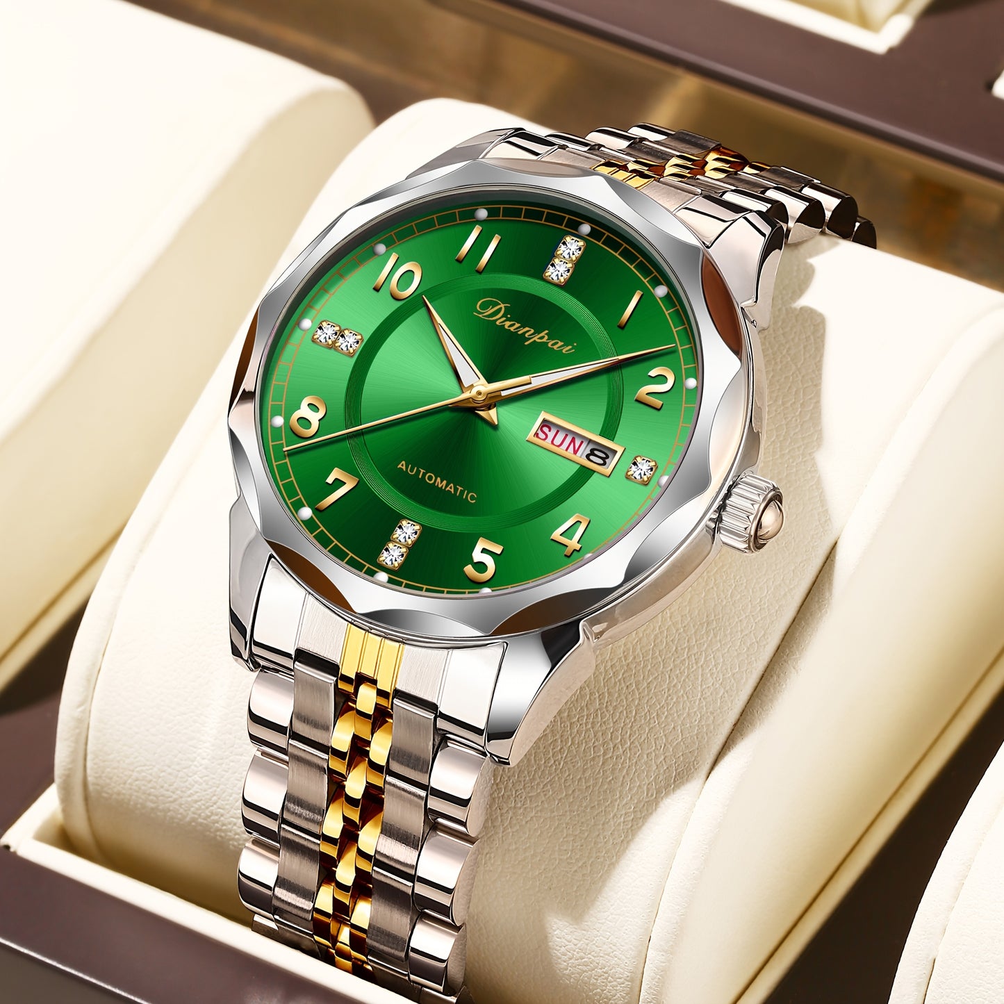 Orologio da polso meccanico automatico da uomo Dianpai - Acciaio inossidabile quadrante verde con indici dorati, indicatore della data, bracciale a catena da polso - Orologio di lusso per feste e casual, nessuna batteria richiesta, regalo ideale per lui,