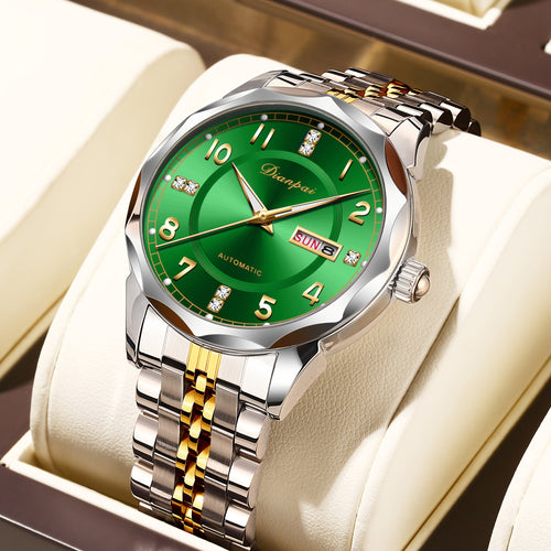 Orologio da polso meccanico automatico da uomo Dianpai - Acciaio inossidabile quadrante verde con indici dorati, indicatore della data, bracciale a catena da polso - Orologio di lusso per feste e casual, nessuna batteria richiesta, regalo ideale per lui,