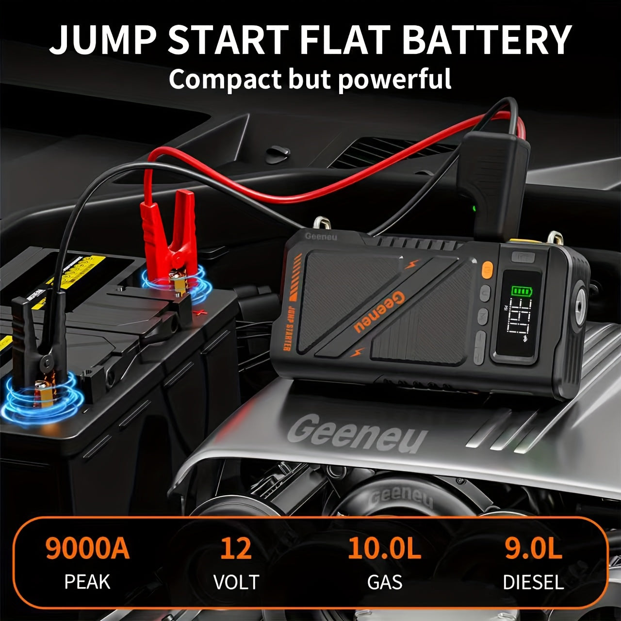 Avviatore di emergenza 9000A con compressore d'aria, scatola di avviamento di emergenza, (fino a tutti i motori a benzina e diesel da 9.0L) avviatore di emergenza per auto 12V, booster per batteria auto, power bank da 20000mAh con torcia a LED, schermo gr