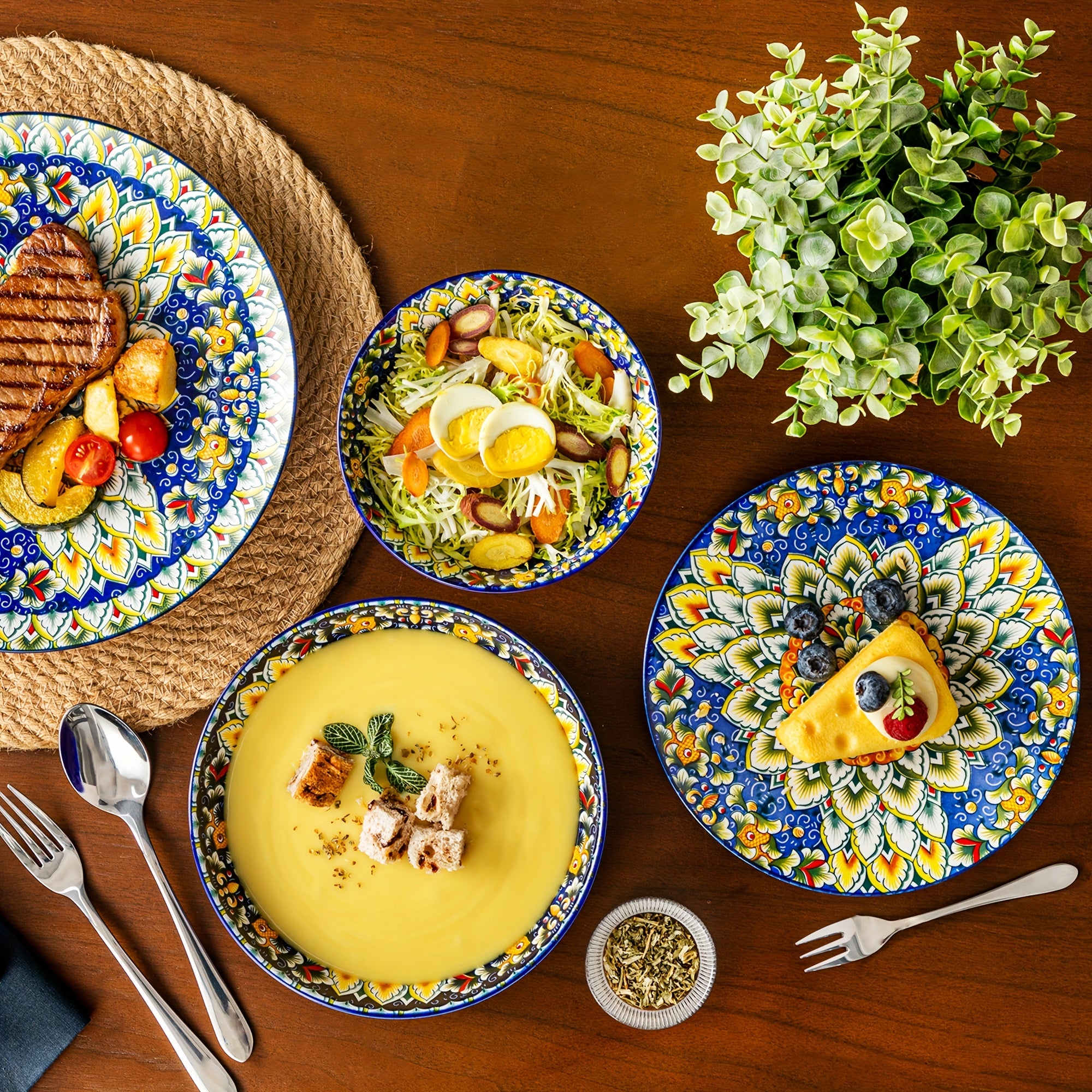 24 Pezzi Set da Tavola in Ceramica Stile Bohémien con Piatti Piani, Piattini e Ciotole per Pasta e Cereali, Servizio per 6 Persone