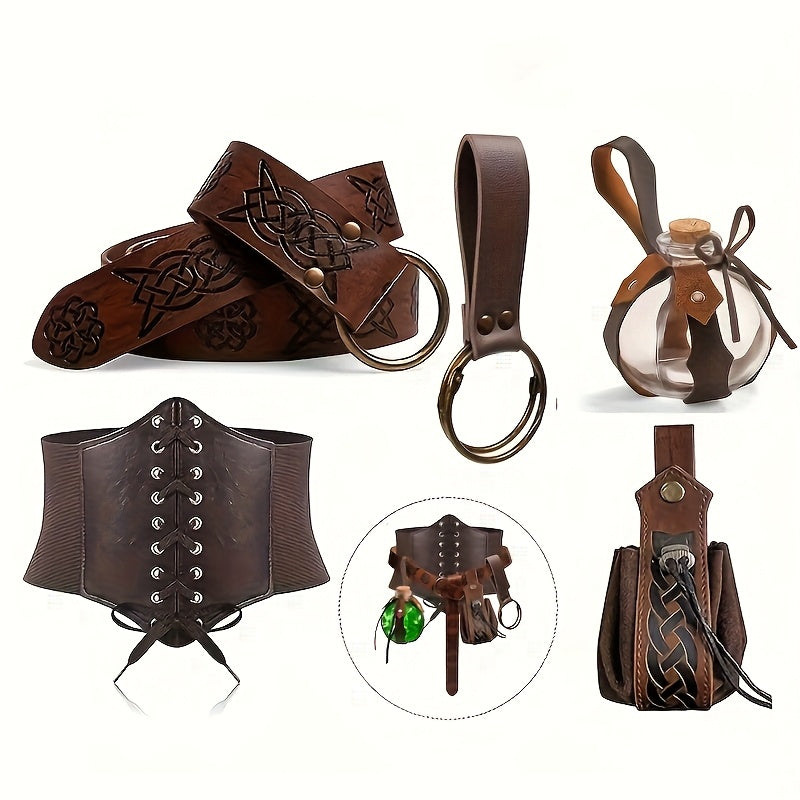 Set da 5 pezzi in stile rinascimentale con corsetto aderente in ecopelle, cintura, marsupio, portamonete, boccetta di pozione luminosa e gonna, adatto per escursionismo, cosplay medievale, Halloween, Giorno del Ringraziamento, Natale e altre occasioni.