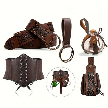 Set da 5 pezzi in stile rinascimentale con corsetto aderente in ecopelle, cintura, marsupio, portamonete, boccetta di pozione luminosa e gonna, adatto per escursionismo, cosplay medievale, Halloween, Giorno del Ringraziamento, Natale e altre occasioni.