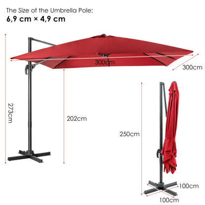 Ombrellone quadrato 300 X 300 cm, ombrello parasole con portico girevole a 360°, ombrello da giardino inclinabile, grande ombrellone da patio, ombrello da mercato per giardini esterni, patii, bar (Beige/Rosso/Caffè)