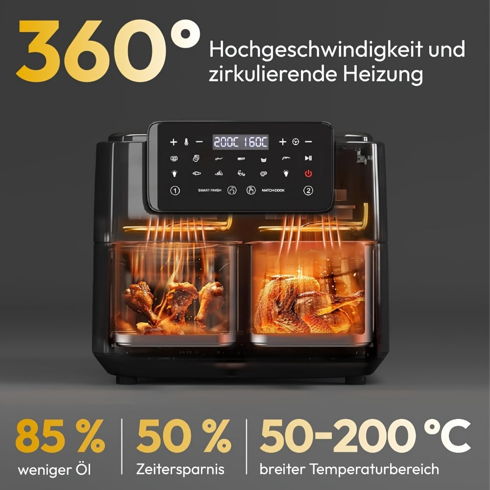 Friggitrice ad Aria 9L XXL 9-in-1 Doppia Zona con Finestra di Visione Friggitrice ad Aria Senza Olio 2 Cassetti Touchscreen Funzione Intelligente & Timer Friggitrice Sana a Basso Contenuto di Grassi