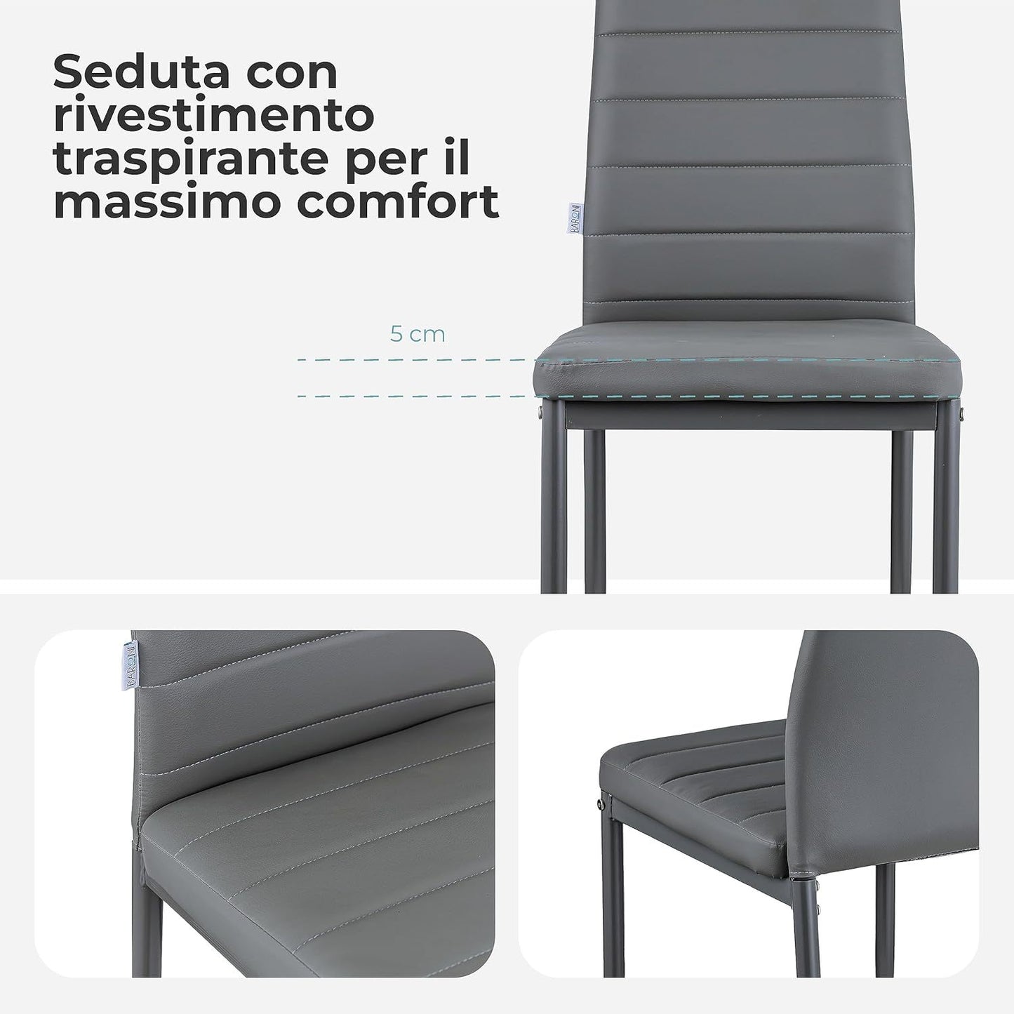 Baroni Home Set di 4 Sedie da Pranzo con Schienale Alto e Seduta Ergonomica con Cuciture Decorative, Sedie Eleganti Imbottite in Ecopelle o velluto con Struttura in Acciaio, 40X48X96 cm