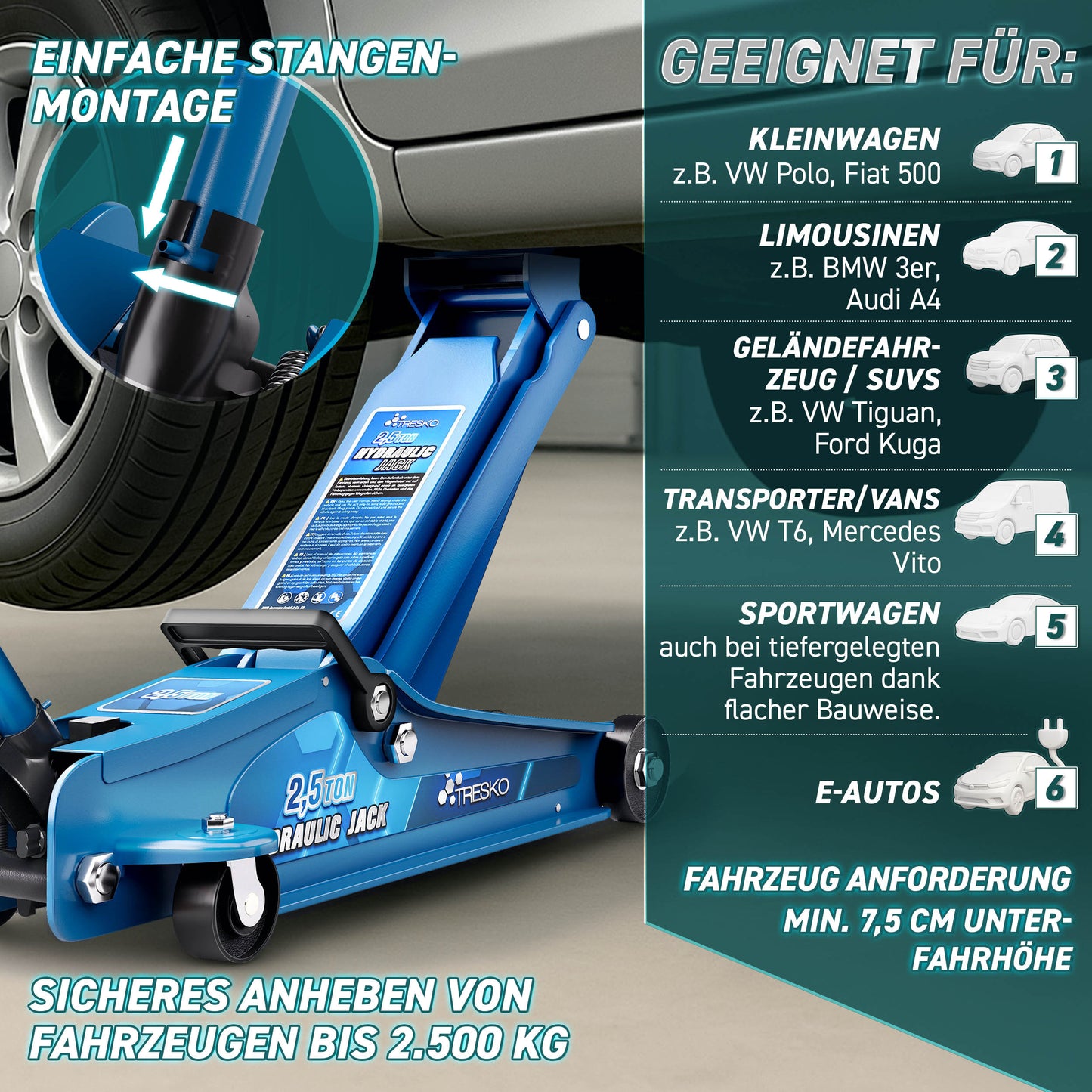 Cric idraulico per auto TRESKO® 2.5 - 3T | Cric idraulico per spostamento auto e SUV con ruote piane e a 360°, include 2 guarnizioni in gomma, tappetino protettivo, guanti