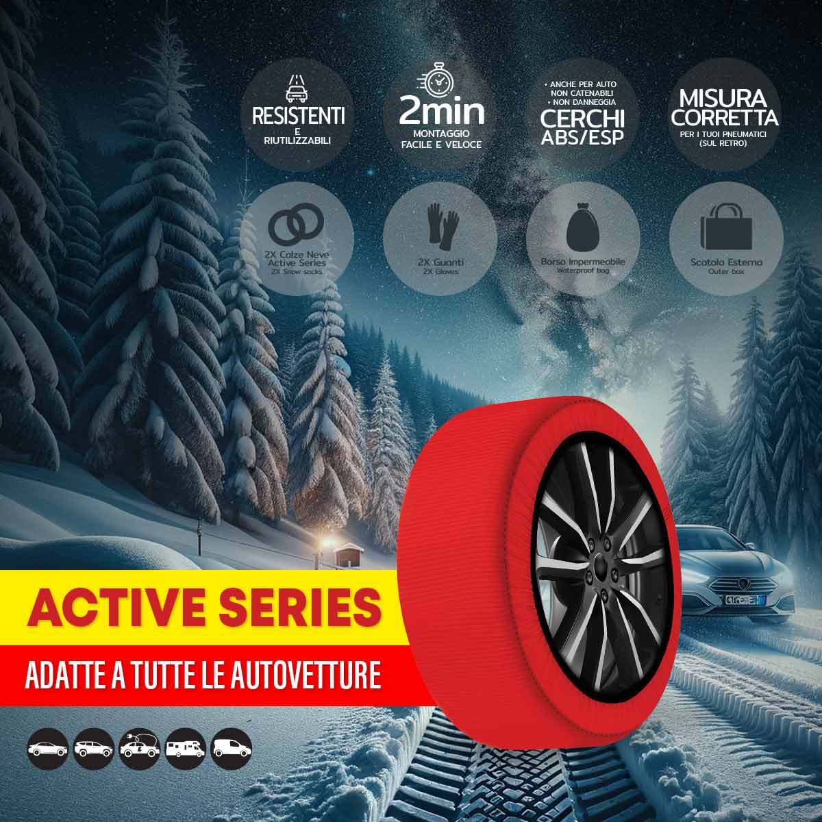 Calze da Neve Omologate Italia, Catene Da Neve Tessili Universale, Misure Disponibile XS,S,M,L,XL,XXL, Colore In Rosso, Bianco, Nero, Prodotto In EUROPA
