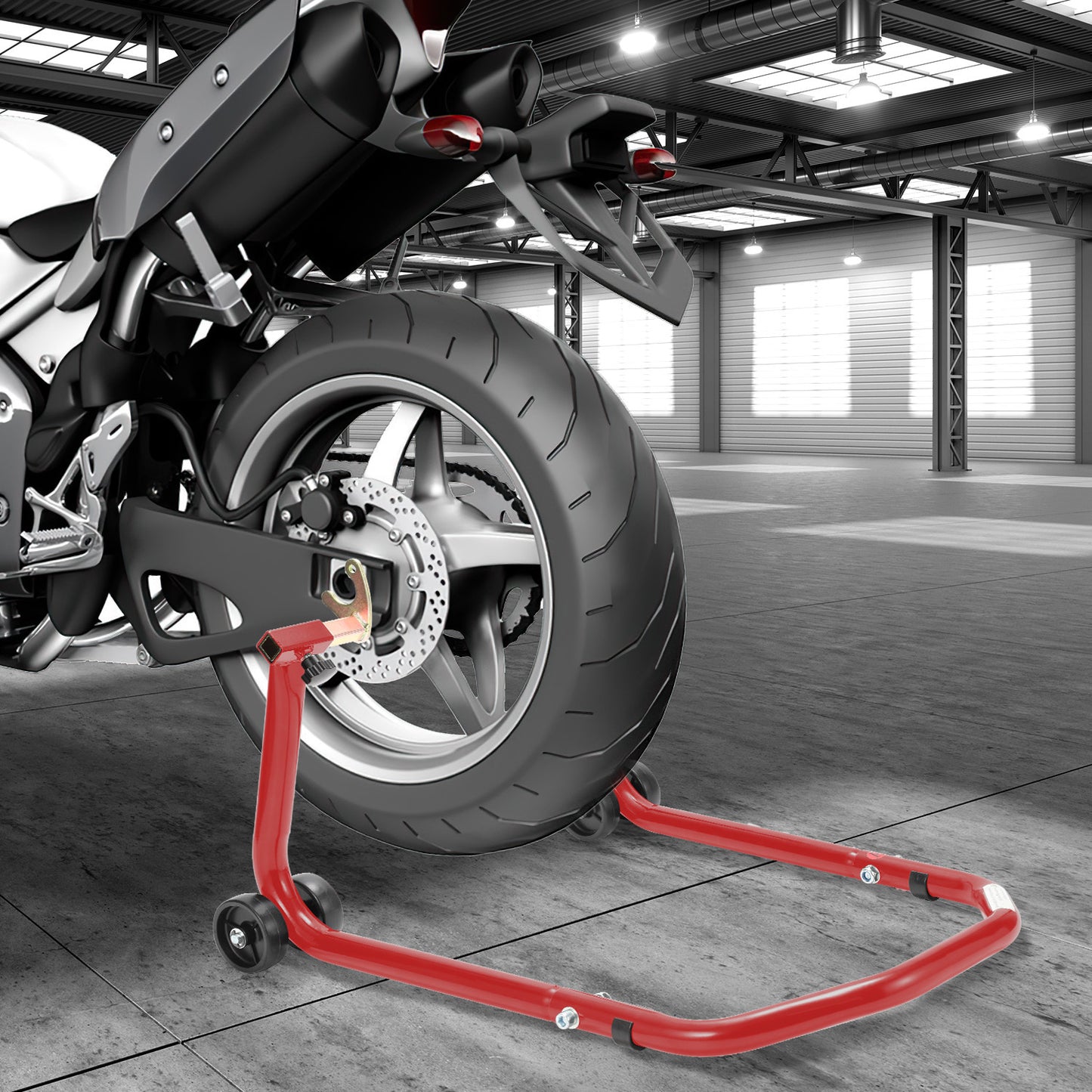 Cavalletto per moto anteriore/trasversale, cavalletto di assemblaggio per moto fino a 300 kg, sollevatore per moto, cavalletto a bilanciere per moto con doppia ruota, cavalletto per moto ad alta stabilità (Nero/Rosso)