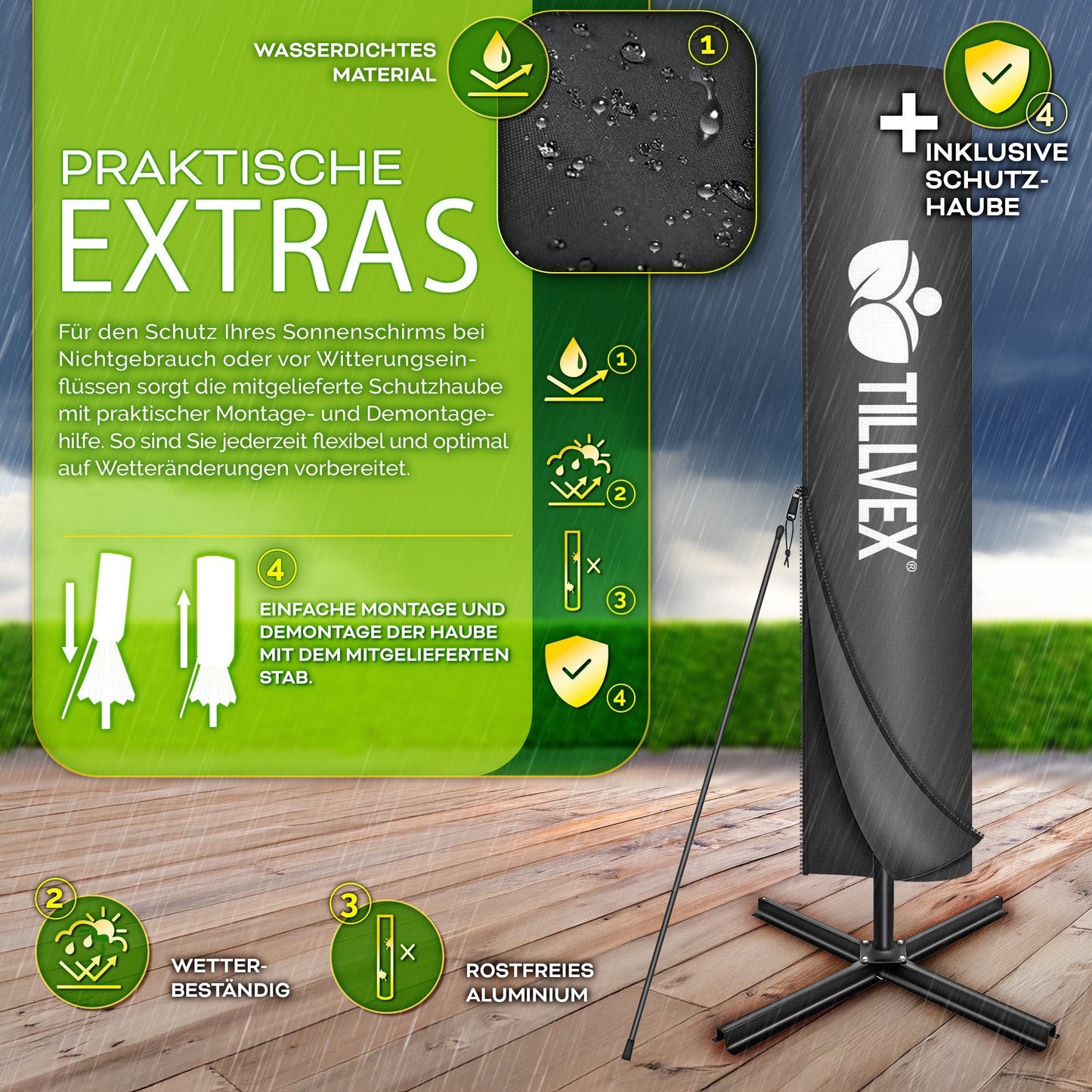 Tillvex® Parasole Rettangolare in Alluminio Ø 330 Cm + Copertura con Manovella | Schermo Angolare a Luce Rossa con Supporto & Parabrezza | Grande Parasole da Giardino in Alluminio Protezione UV | Schermo con Manovella Impermeabile Girevole a 360° per Terr