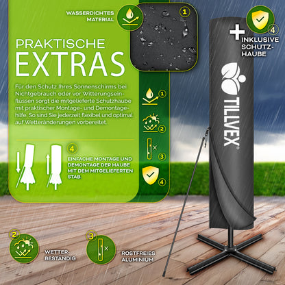 Tillvex® Parasole Rettangolare in Alluminio Ø 330 Cm + Copertura con Manovella | Schermo Angolare a Luce Rossa con Supporto & Parabrezza | Grande Parasole da Giardino in Alluminio Protezione UV | Schermo con Manovella Impermeabile Girevole a 360° per Terr