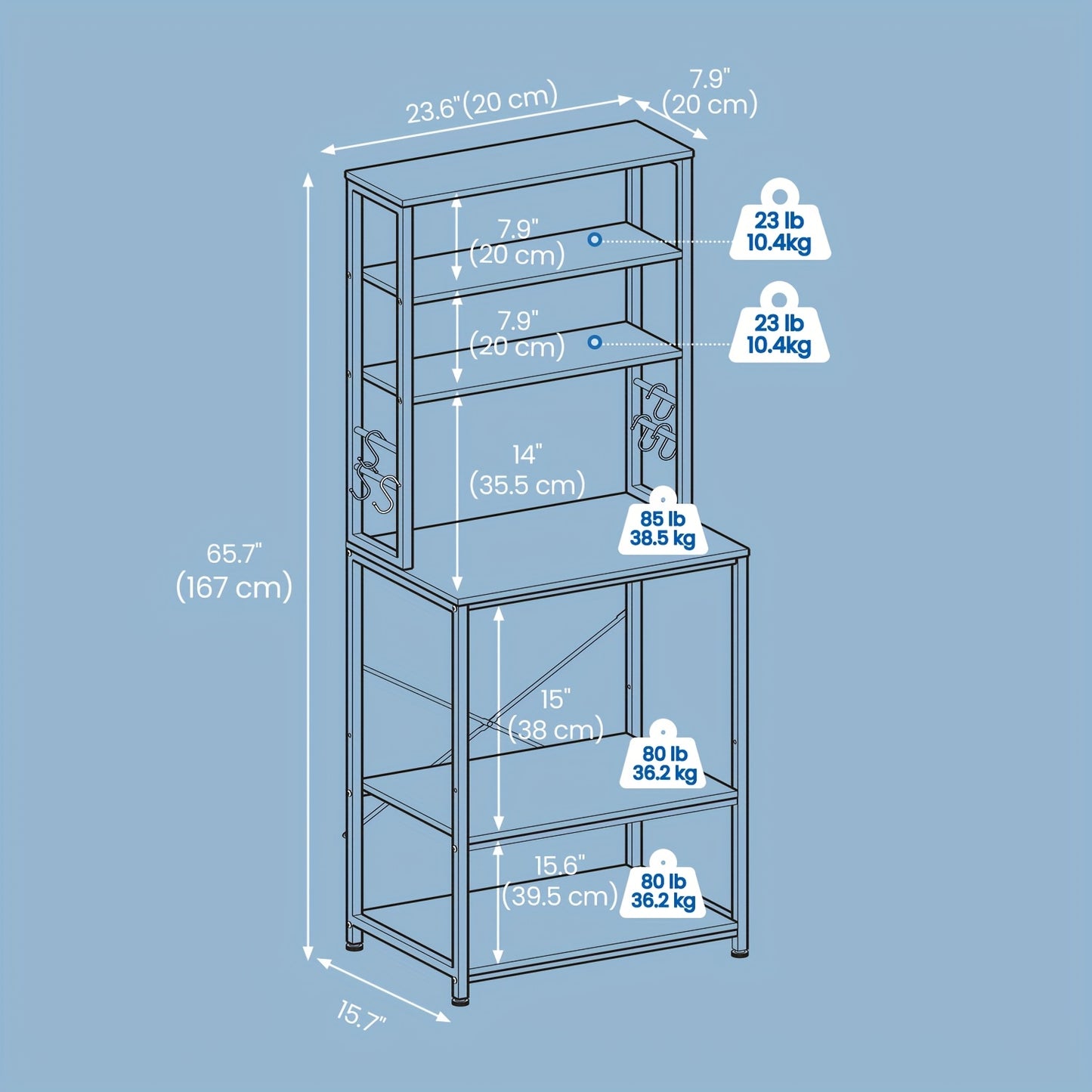 Scaffale da Cucina, Bar Caffè, Scaffale da Forno, Totale 6 Ripiani e 6 Ganci, per Microonde, Telaio in Acciaio, Industriale, 40 X 60 X 167 Cm