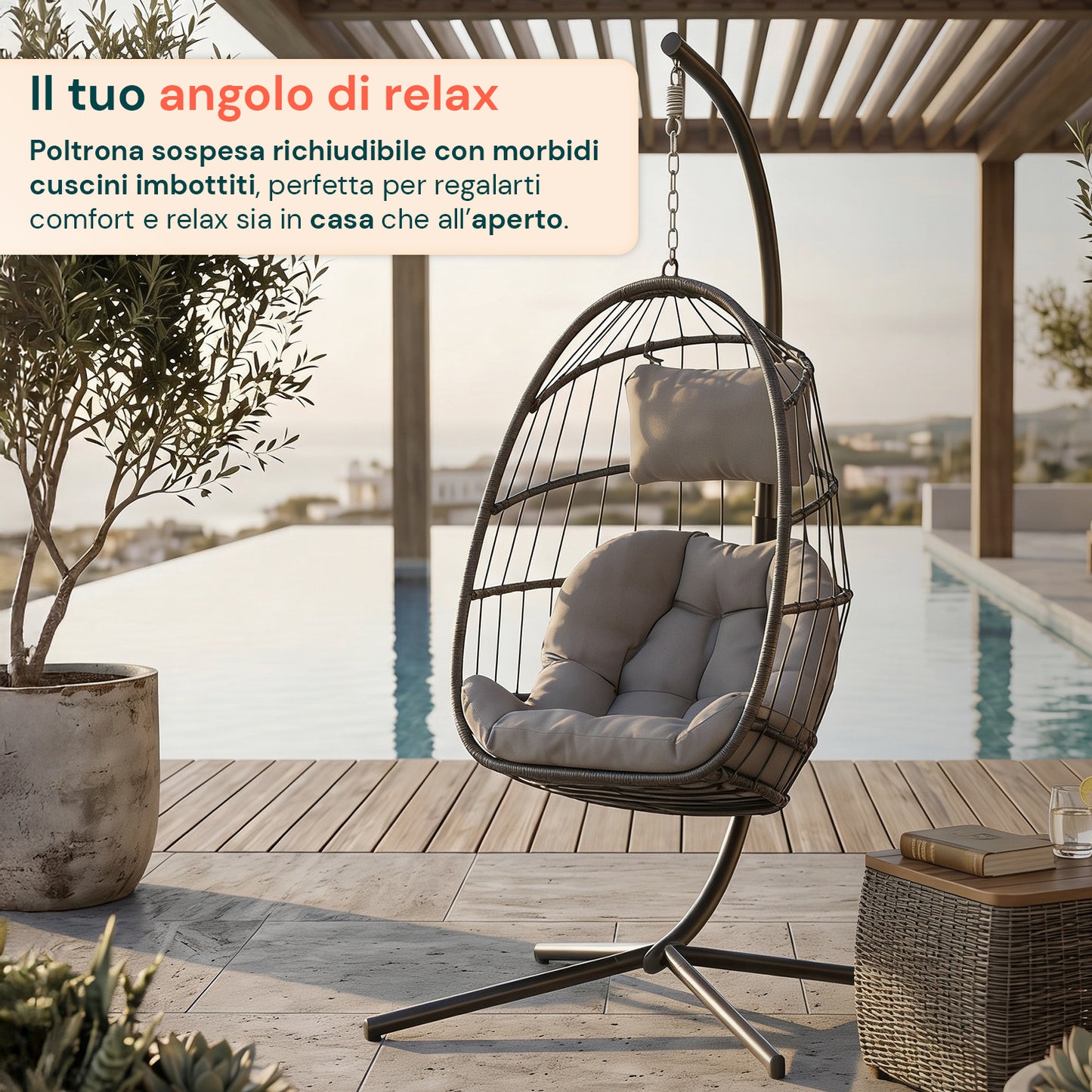Poltrona Sospesa da Giardino Richiudibile con Cuscini Imbottiti in Acciaio Zincato e Effetto Rattan - Portata 160kg