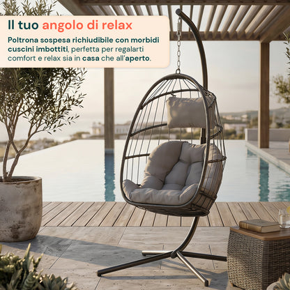 Poltrona Sospesa da Giardino Richiudibile con Cuscini Imbottiti in Acciaio Zincato e Effetto Rattan - Portata 160kg