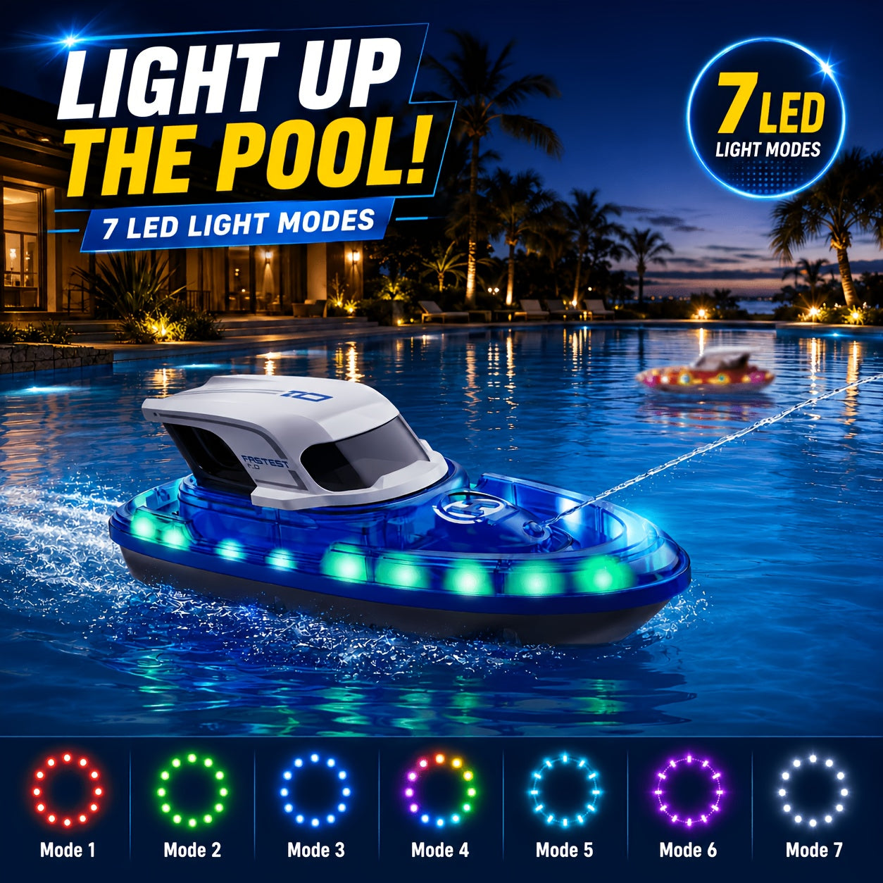 Confezione da 2 barche RC per bambini 8-12 anni, barche da corsa per piscina con 2 telecomandi, spruzzo d'acqua e 7 modalità di illuminazione a LED, giocattolo estivo da esterno a 2.4Ghz, idea regalo