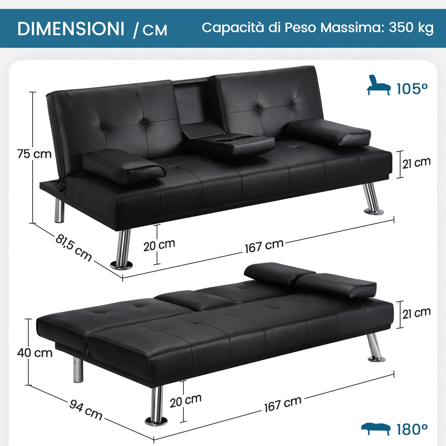 Costoffs Divano Letto a 3 Posti Divano Trasformabile con 2 Braccioli Staccabili Mobile Imbottito con Supporto Centrale Porta Bicchieri Divanetto Reclinabile da Salotto