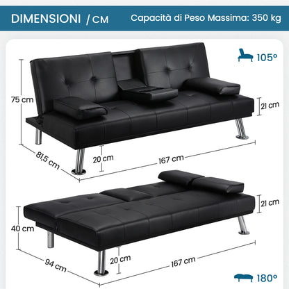 Costoffs Divano Letto a 3 Posti Divano Trasformabile con 2 Braccioli Staccabili Mobile Imbottito con Supporto Centrale Porta Bicchieri Divanetto Reclinabile da Salotto