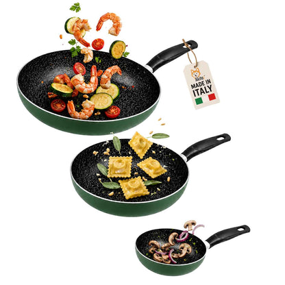 Akitaink Set 3 Padelle Antiaderenti Natura 20-24-28 cm Verde, Padelle in Alluminio con Rivestimento Antiaderente, Cottura Uniforme e Facile Pulizia