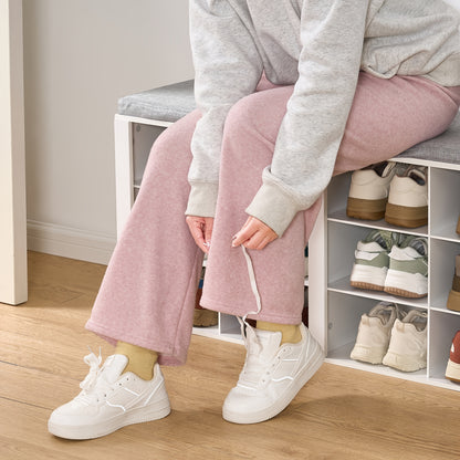 Panchina Portascarpe, Scaffale per Scarpe con Seduta, Panchina con Contenitore, Cuscino, 12 Scomparti, per Soggiorno, Ingresso, Camera da Letto, Bianco-grigio
