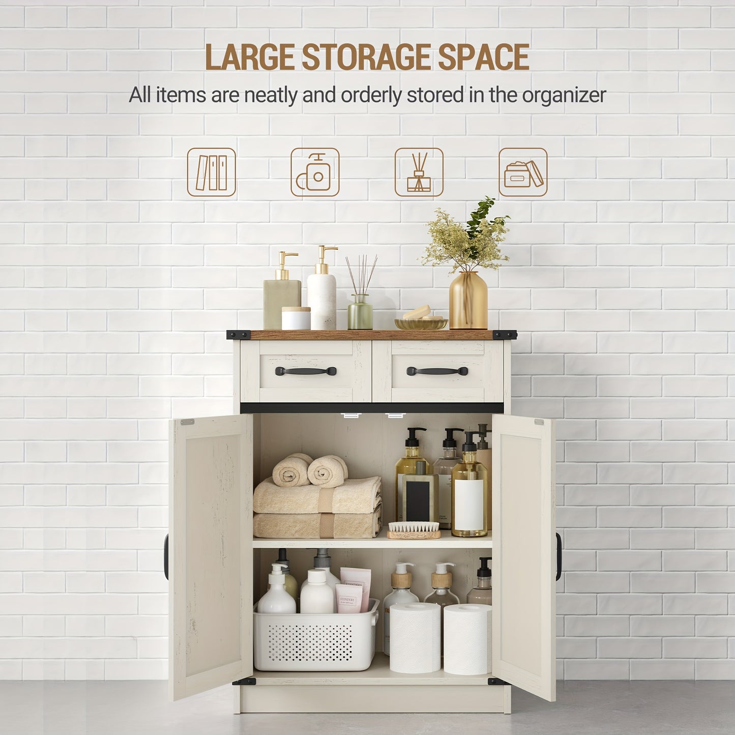Armadietto Bagno, Armadio con 2 Cassetti e 2 Ante, Mobile da Cucina, Mensola Regolabile, Stile Country House, Soggiorno, 30 x 60 x 80 cm, Marrone Vintage-Bianco