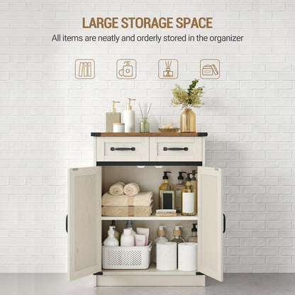 Armadietto Bagno, Armadio con 2 Cassetti e 2 Ante, Mobile da Cucina, Mensola Regolabile, Stile Country House, Soggiorno, 30 x 60 x 80 cm, Marrone Vintage-Bianco