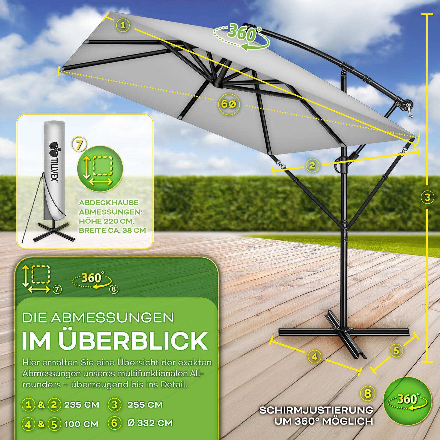 Tillvex® Parasole Rettangolare in Alluminio Ø 330 Cm + Copertura con Manovella | Schermo Angolare a Luce Rossa con Supporto & Parabrezza | Grande Parasole da Giardino in Alluminio Protezione UV | Schermo con Manovella Impermeabile Girevole a 360° per Terr