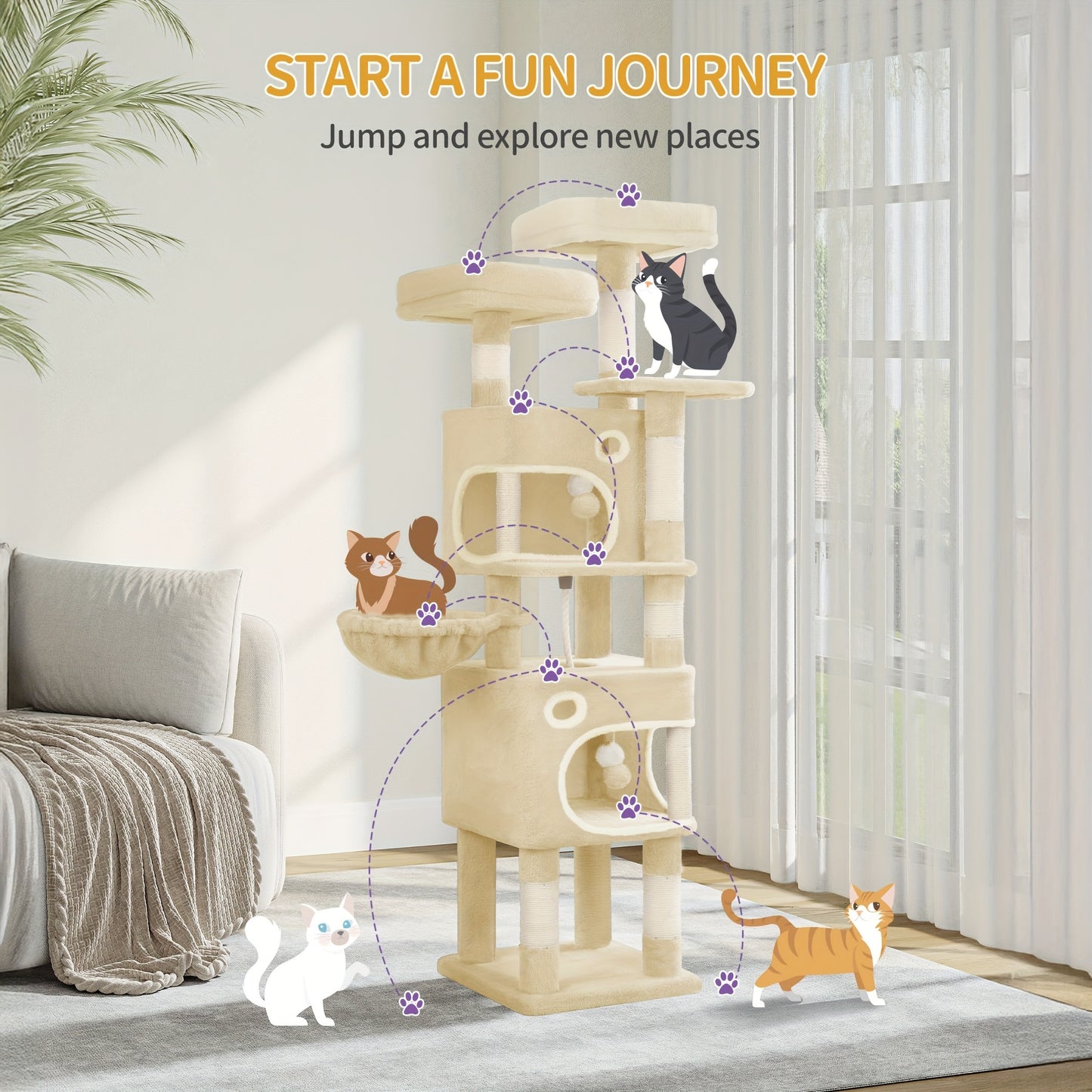 Torre per gatti beige, alta 159 cm con 8 tiragraffi, 3 livelli, 2 rifugi, un cesto, palline di peluche e corda in sisal, ideale per gatti di diverse dimensioni