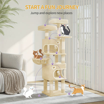 Torre per gatti beige, alta 159 cm con 8 tiragraffi, 3 livelli, 2 rifugi, un cesto, palline di peluche e corda in sisal, ideale per gatti di diverse dimensioni