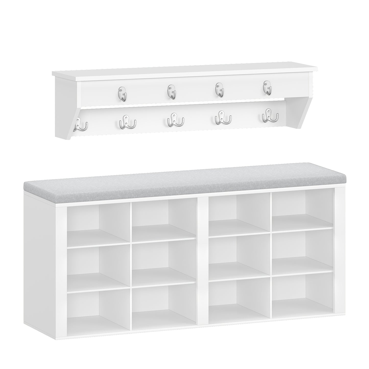 Set scarpiera per armadio, appendiabiti, divanetto scarpe con cuscino, divano d'ingresso, organizzazione e stoccaggio, 30 X 104 X 49 cm, appendiabiti a parete con 9 ganci, camera da letto, area ingresso, bianco e grigio