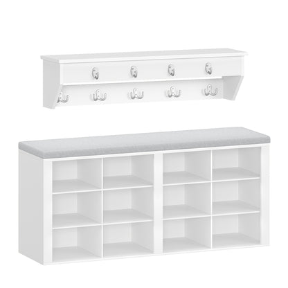 Set scarpiera per armadio, appendiabiti, divanetto scarpe con cuscino, divano d'ingresso, organizzazione e stoccaggio, 30 X 104 X 49 cm, appendiabiti a parete con 9 ganci, camera da letto, area ingresso, bianco e grigio